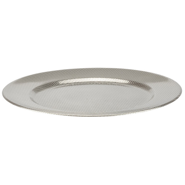 A close-up of a round stainless steel Bon Chef serving plate with a textured pattern.