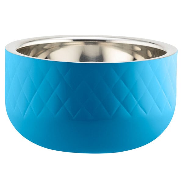 A Caribbean blue Bon Chef bowl with a diamond pattern and silver rim.