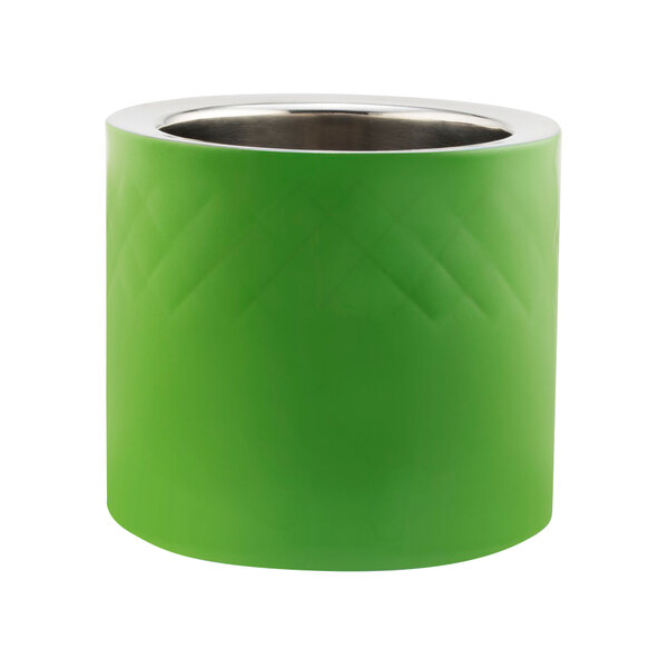 A lime green Bon Chef salad dressing container with a silver rim.