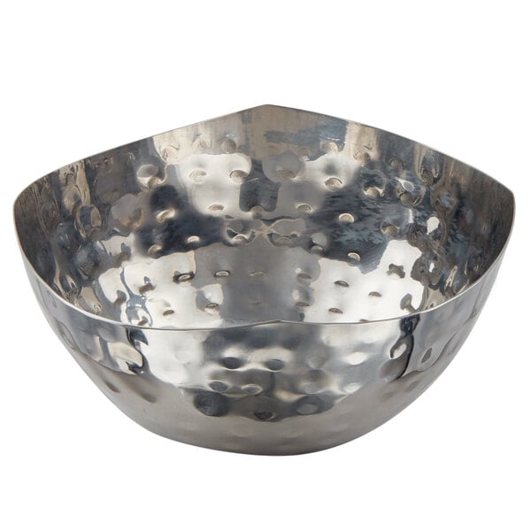 A round silver stainless steel bowl with a hammered texture.