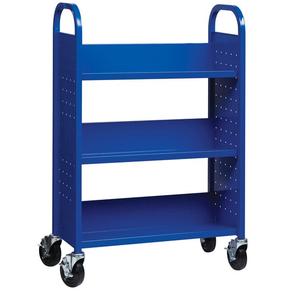 A blue metal Hirsh Industries book cart with black wheels.