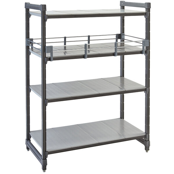 A grey metal Cambro Elements shelf rail kit installed on a grey metal Cambro shelf.