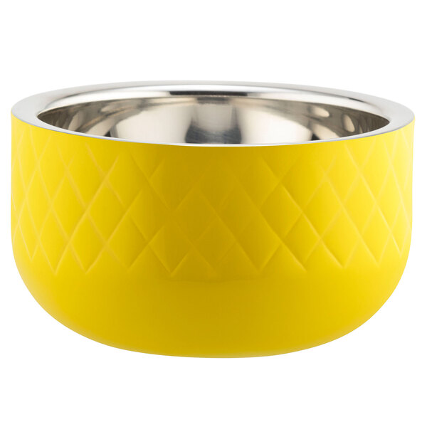 A yellow Bon Chef bowl with a diamond pattern and a silver rim.