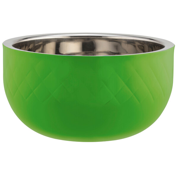 A lime green Bon Chef serving bowl with a stainless steel rim.
