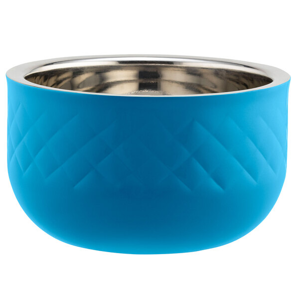 A Caribbean blue Bon Chef bowl with a stainless steel rim.