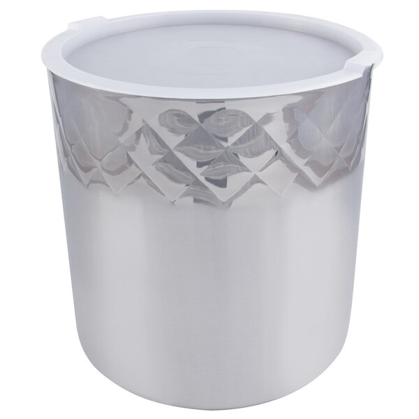 A silver Bon Chef stainless steel bucket with a white lid.