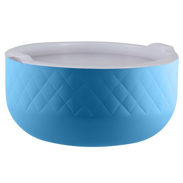 A Caribbean blue Bon Chef triple wall bowl with a white lid.