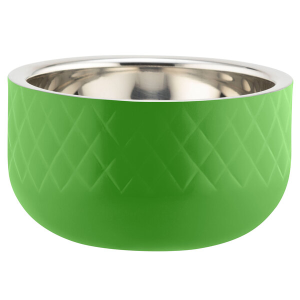 A lime green Bon Chef triple wall bowl with a silver rim.