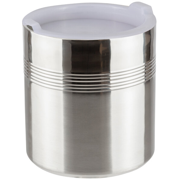 A stainless steel Bon Chef triple wall ice cream container with a white lid.