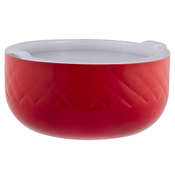 A red Bon Chef serving bowl with a white rim and cover.