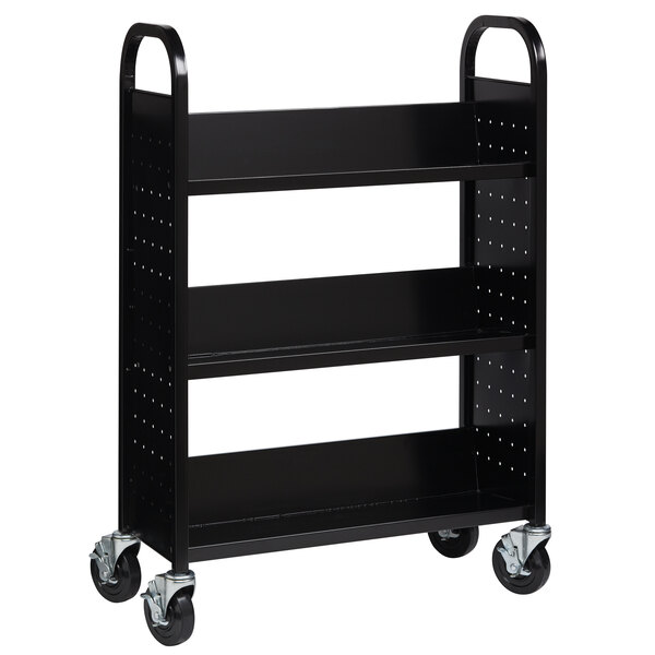 A black metal Hirsh Industries book cart with 3 shelves on wheels.
