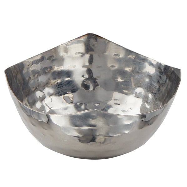 An American Metalcraft stainless steel snack bowl with a hammered design on the curved surface.