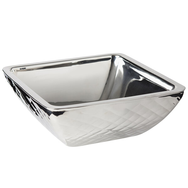 A silver square Bon Chef bowl with a diamond pattern.
