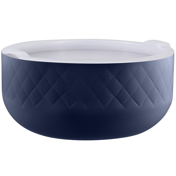 A cobalt blue Bon Chef bowl with a white lid.