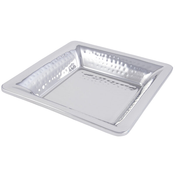 A silver square Bon Chef double wall tray with a hammered design.