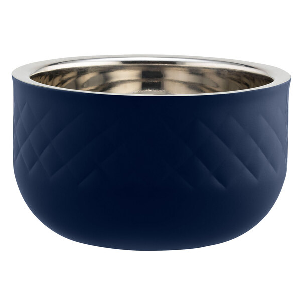 A cobalt blue Bon Chef serving bowl with silver trim.
