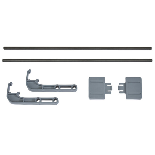 A grey plastic parts and two black rods for a Cambro Camshelving unit.