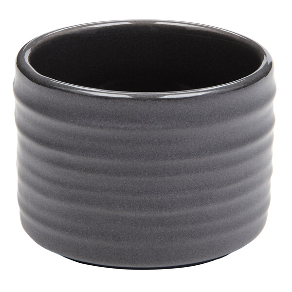 An American Metalcraft round gray porcelain sauce cup with ribbed sides.