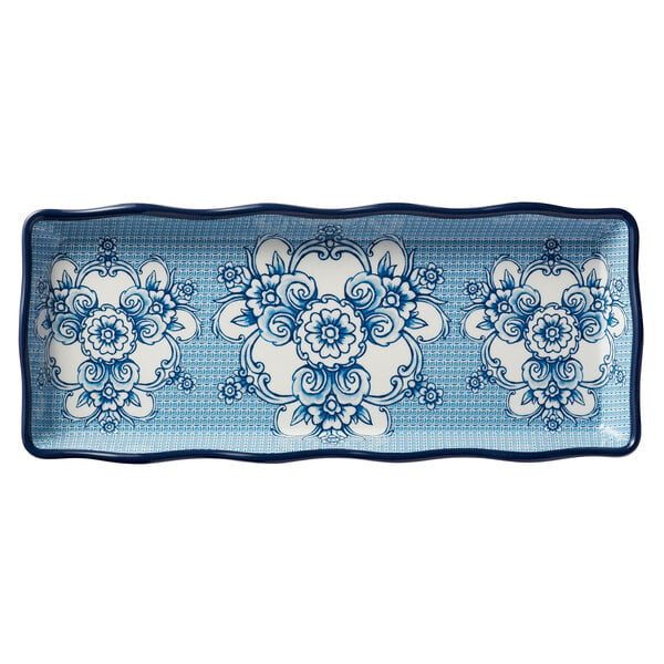 An American Metalcraft rectangular melamine tray with a blue and white floral pattern.