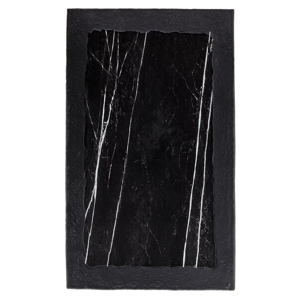 A black rectangular American Metalcraft marble and slate serving platter with white lines.