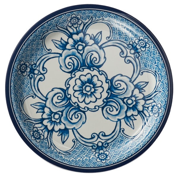 An American Metalcraft Isabella melamine bread and butter plate with a blue and white floral design.