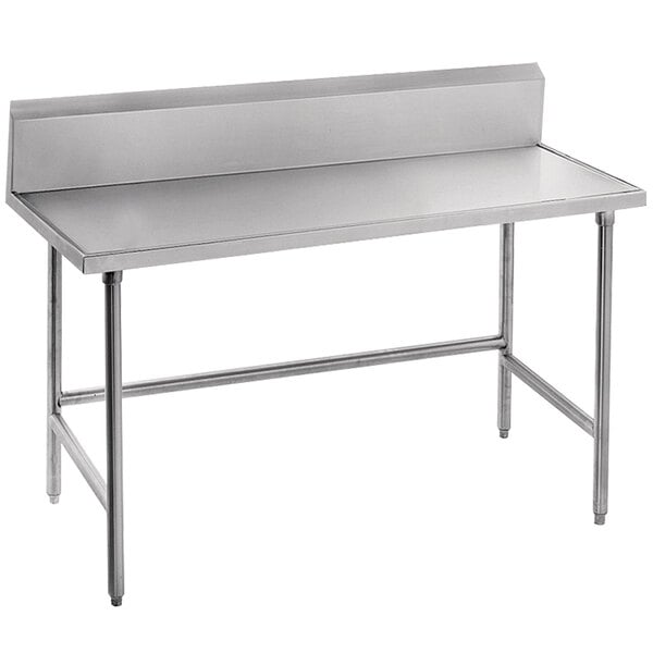 A stainless steel Advance Tabco work table with a 36" x 36" work surface and 10" backsplash.