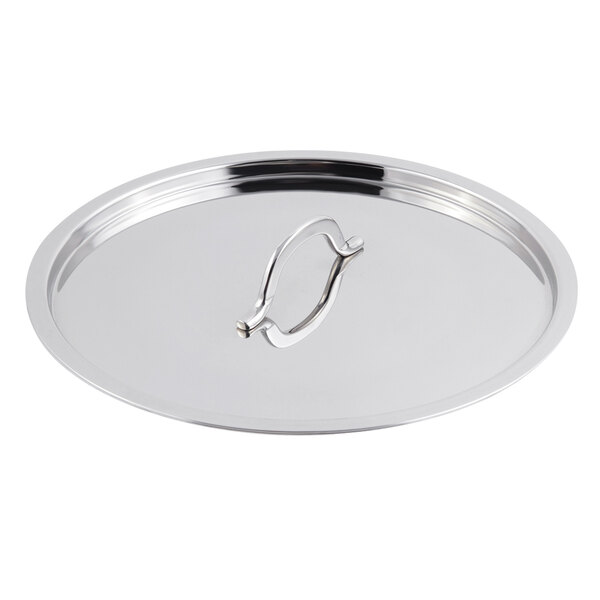 A silver stainless steel Bon Chef lid with a handle.