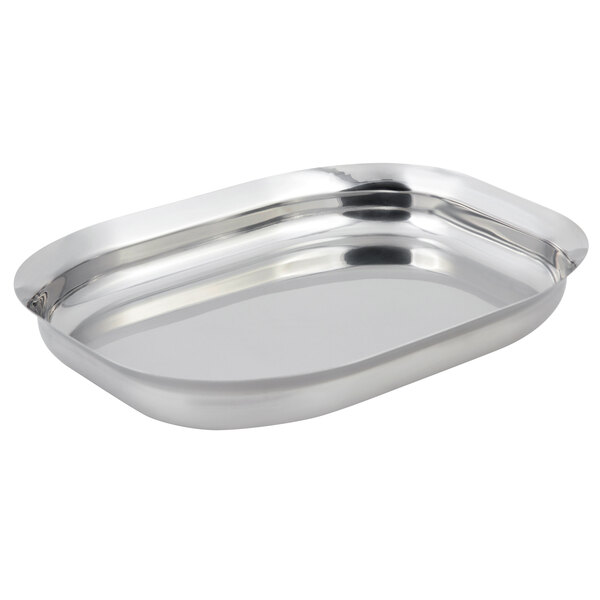 A stainless steel Bon Chef insert tray with a black handle.