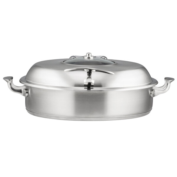A Bon Chef stainless steel brazier pot with a hinged glass lid.
