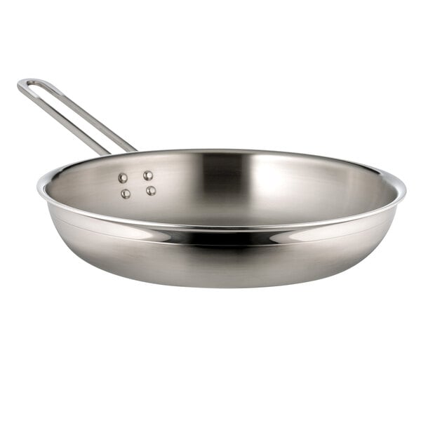 A Bon Chef stainless steel saute pan with a handle.