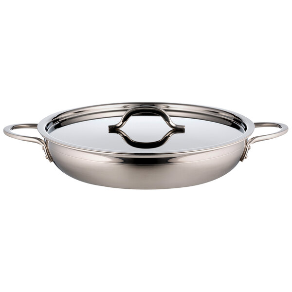 A silver stainless steel Bon Chef saute pan with a lid.