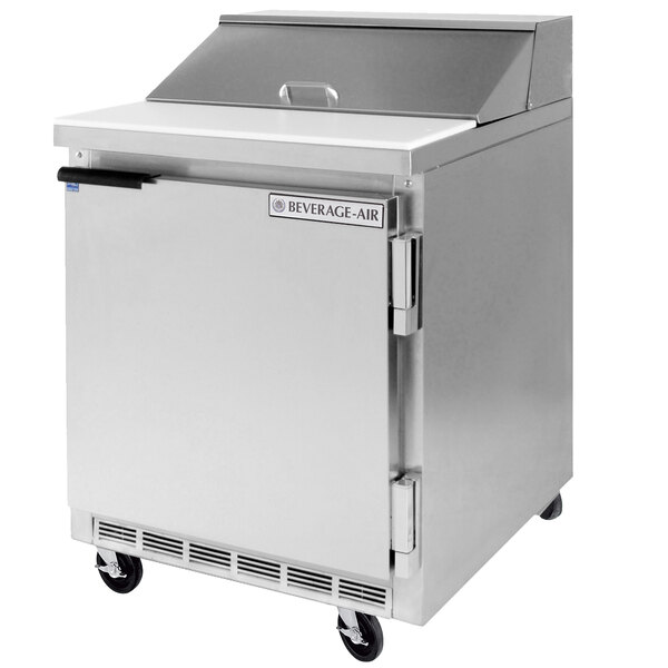 A Beverage-Air stainless steel commercial sandwich prep refrigerator with a door open.