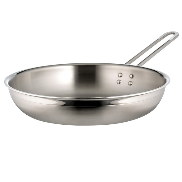A Bon Chef stainless steel saute pan with a handle.