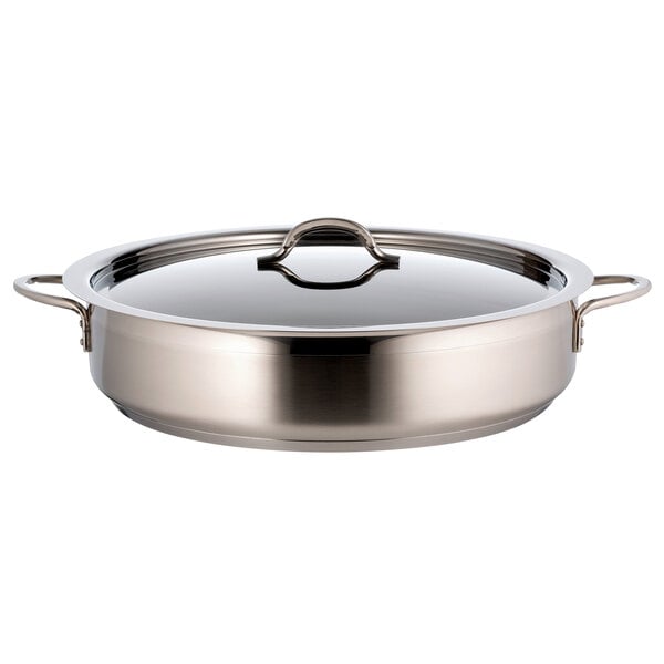 A silver Bon Chef stainless steel brazier pan with a lid.