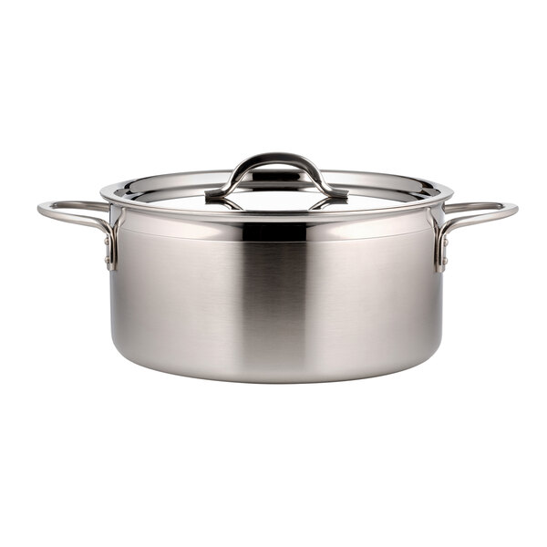 A silver Bon Chef stainless steel stock pot with a lid.