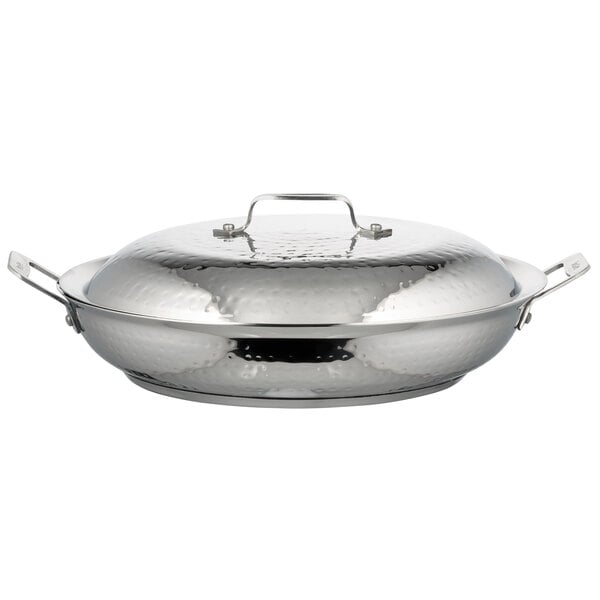 A silver stainless steel Bon Chef Cucina brazier pan with a lid.