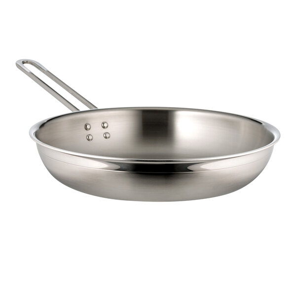 A Bon Chef stainless steel two tone saute pan with a handle.