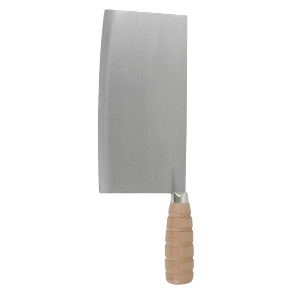 A Thunder Group cast iron cleaver with a wooden handle.