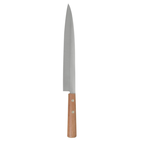 A Thunder Group stainless steel sashimi knife with a riveted wood handle.
