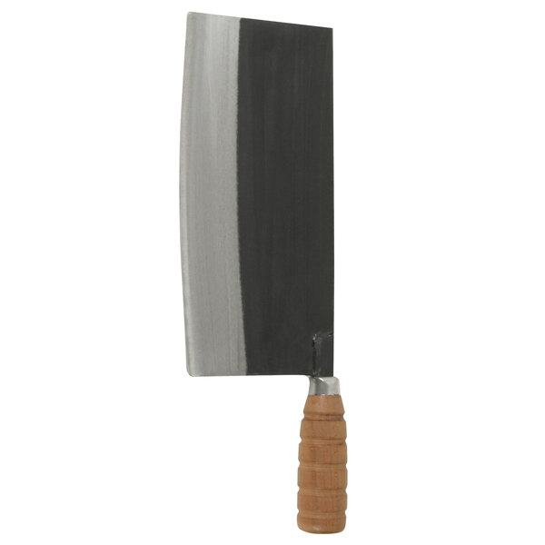 A Thunder Group cast iron cleaver with a wood handle.