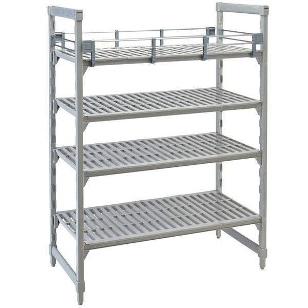 A gray metal Cambro Camshelving® Premium shelf unit with three shelves.
