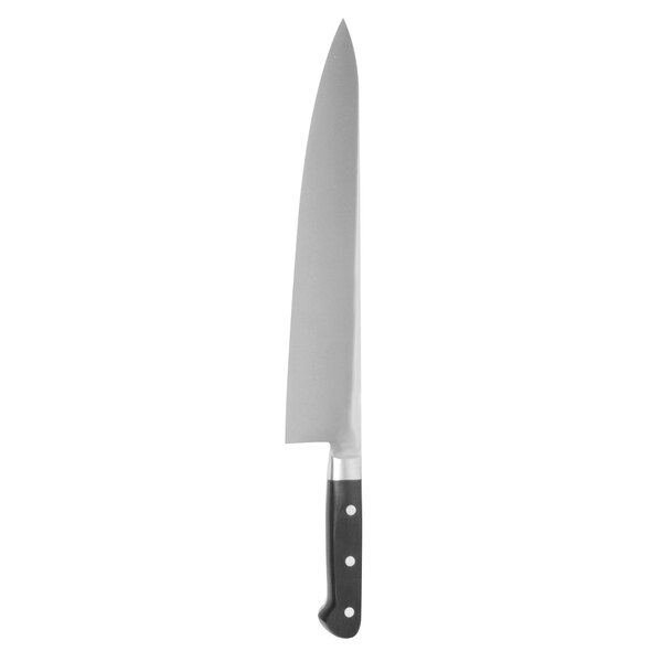 A large stainless steel Japanese Gyuto knife with a black handle.