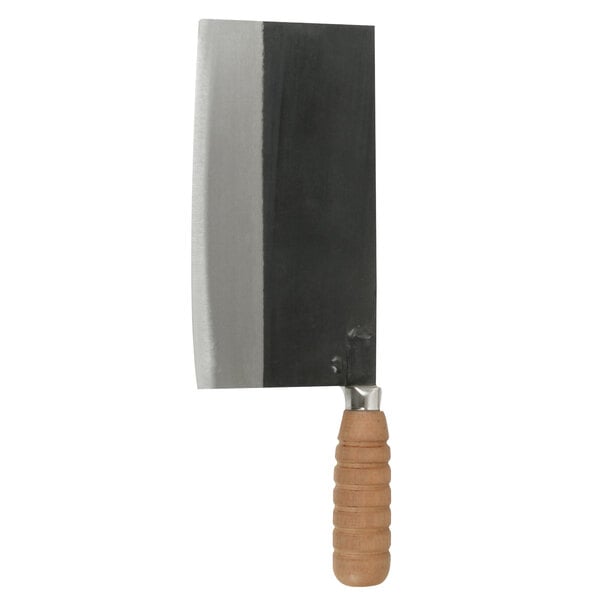 A Thunder Group cast iron cleaver with a wooden handle.