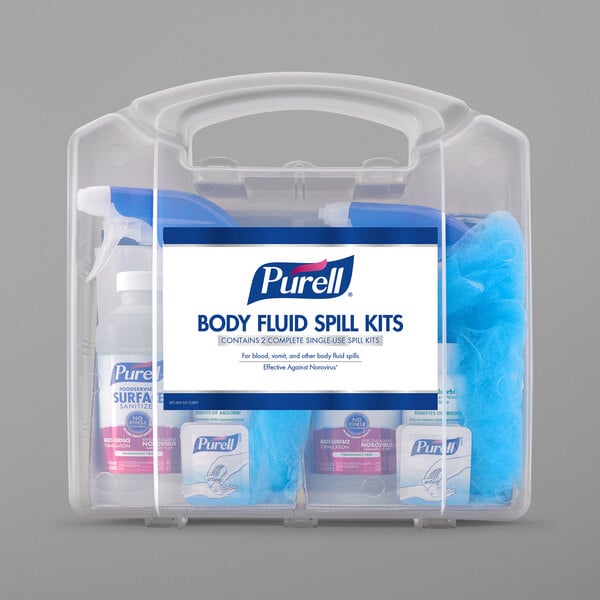 A plastic container with a Purell body fluid spill kit and a white label with blue accents.