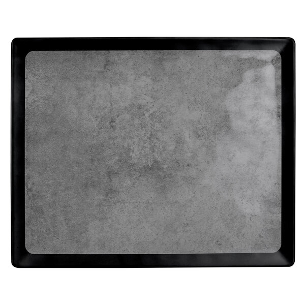 A black and silver rectangular melamine tray with a black border.