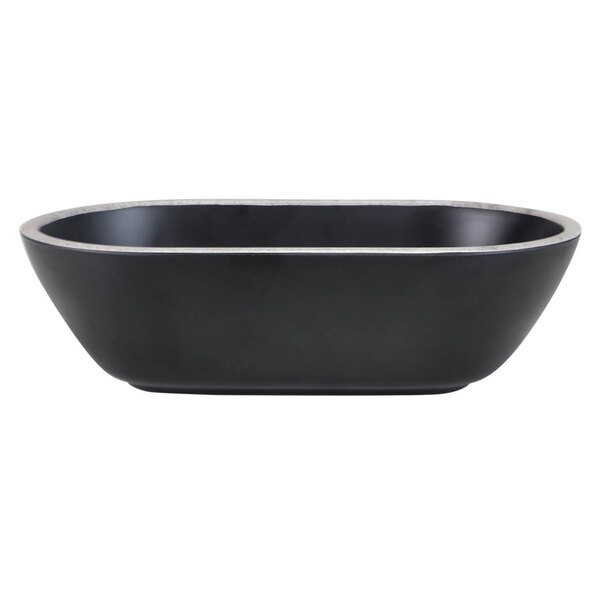 A black oval melamine bowl with silver edges.