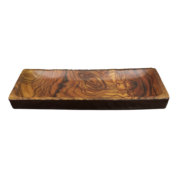 A rectangular wood grain melamine serving platter with a rough edge.