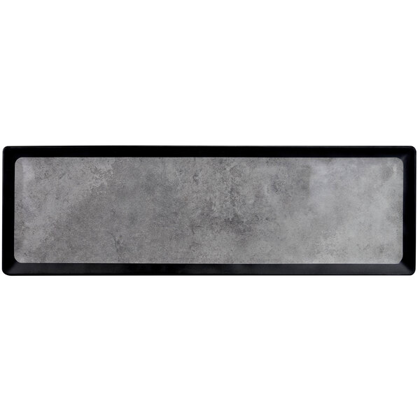 A rectangular silver and black melamine tray with a black border.