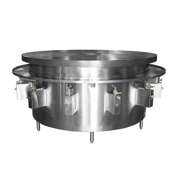 A Town liquid propane Mongolian BBQ range with stainless steel flat top and round metal plates.