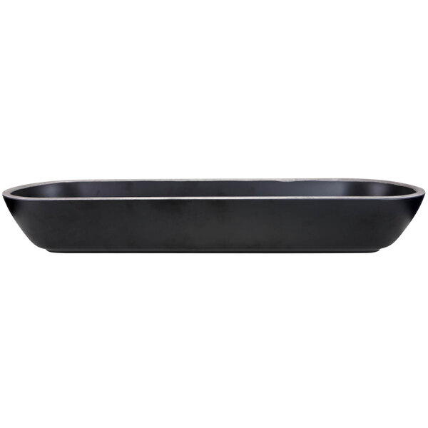 A black and silver oval melamine bowl.